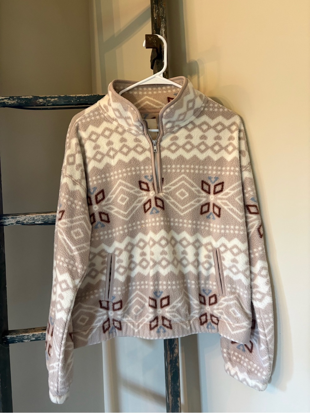 Thread & Supply Taupe, White and Brown Fair Isle Quarter-Zip Pullover
